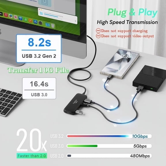 KALOMB-Qeefun 10Gbps USB 3.2 Hub with 4 USB A Data Ports, USB 3.2 Gen 2 Splitter, 4ft Extended Long Cable and Type-C Power Port, USB multiport Adapter for pc, Laptop, iMac, Mac mini, Dell XPS and Mor
