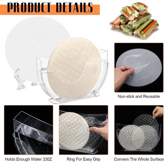 KALOMB-Rice Paper Water Bowl with Side Pocket Holder 6 Pcs Rice Paper Wrapper Tray Collapsible Stand Spring Roll Maker Plastic Mesh Trays for Summer Rolls Tools