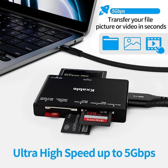 KALOMB-SD Card Reader 7 in 1, USB 3.0 Memory Card Reader/Writer 5Gbps, for SD/Micro SD/MS/CF/MMC/XD/SDHC/SDXC Camera Memory Card, Reader for Mac OS, Windows, Linux- with 2 USB A/C to Micro 3.0 Cable