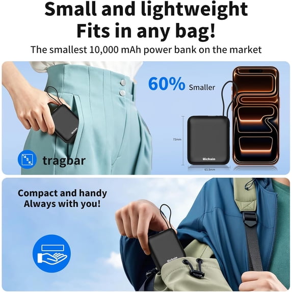 KALOMB-Small Portable Charger with Built in Cables LED Display, Mini Power Bank 10000mAh 22.5W USB-C Fast Charging Battery Pack, Travel Essential Power Bank for iPhone, iPad, Samsung, Android (Black)