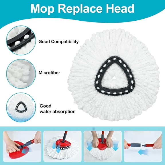 KALOMB-Spin Mop Replace Head, Base, Mop Handle Replacement for OCedar EasyWring 1 Tank System, Include 2 Microfiber Mop Head Replacement, 1 Sturdy Iron 30-58" Mop Handle, 1 Scrubber Head, 1 Spin Base