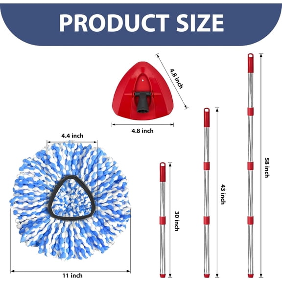 KALOMB-Spin Mop Replacement Set, Includes 2 Mop Head Replacement, 1 Mop Handle (30-58in Adjustable 4-Section Pole), 1 Spin Base