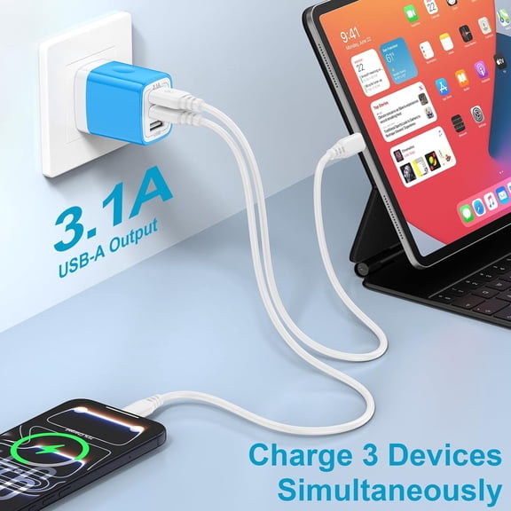 KALOMB-USB Charger Plug, 2Pack 3.1A 3-Multi Port USB Wall Charge Brick Adapter Charging Block Cube Box for iPhone 17/16e/16/15/14/13 Pro Max/12/XS/X iPad Samsung Galaxy A17 A16 A56 A15 5G S25 S24 S2