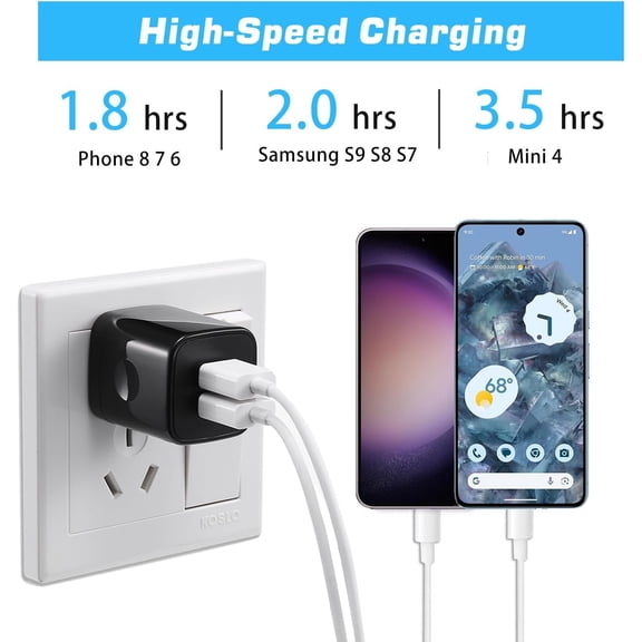 KALOMB-USB Wall Charger, 4-Pack 2.1A Dual Port USB Cube Power Adapter Wall Charger Plug Charging Block Compatible with Phone 13 12 11 XS XR X 8 7 6S 6 Plus SE, Pad, Samsung, Android Phone (Black)