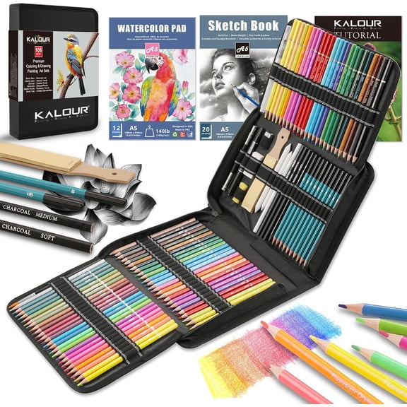 KALOUR 76pc Art Supply Set - Sketching & Drawing Kit with Tutorial Book, Sketchbook & Paper - Pencils, Pastels, Watercolors for Beginner Artists
