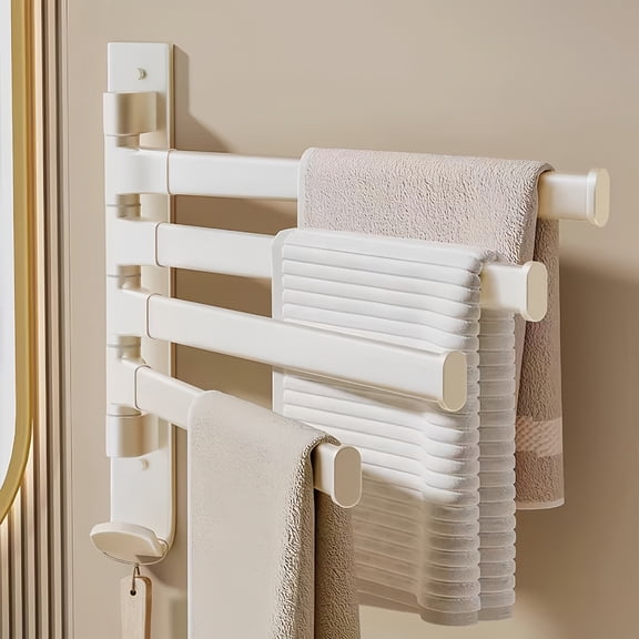 KALPHOZEN 180 Degree Four Pole Rotating Towel Rack, Punch-Free Bathroom Organizer with Integrated Hooks, Wall-Mounted Towel Holder for Space-Saving Storage