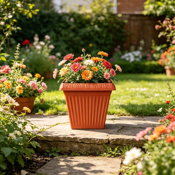 KALPHOZEN Plastic Flower Pot, Durable Radicle Control Planter with Matching Base Tray, Lightweight Gardening Pot for Indoor and Outdoor Use (Red)