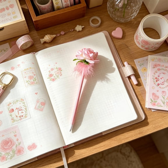KALPHOZEN Red Rose Feathers Decorative Ballpoint Pen, Artificial Flower Writing Instrument with Ornamental Design, Festive Bouquet Pen for Students (Pink)