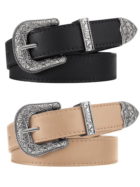 2 Pack Western Belt for Women Cowgirl Cowboy Adjustable Belt for Jeans Pants with Silver Vintage Engraved Buckle
