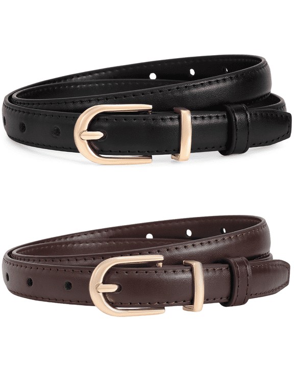 2 Pack Women Genuine Leather Waist Belt for Jeans Pants Dresses Elegant Thin Ladies Belts with Gold Pin Buckle