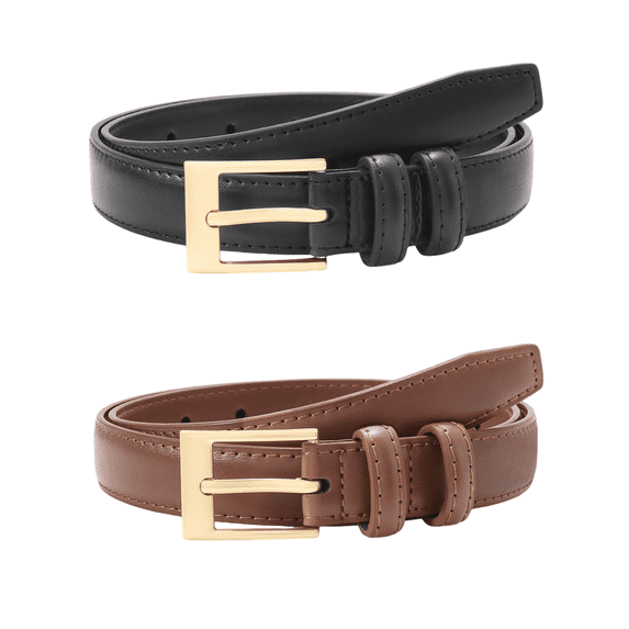 KALUNMA 2 Pack Women's Genuine Leather Belt for Jeans Pants Dresses Ladies Belt with Gold Buckle Waist Belts for Women