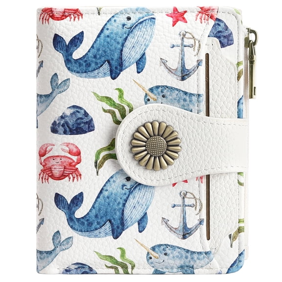 KALUNMA Whale Pattern Small Women Wallet Rfid Blocking Bifold PU Leather Compact Cash Ladies Cute Credit Card Holder Zipper Coin Pocket Travel Wallet Girls