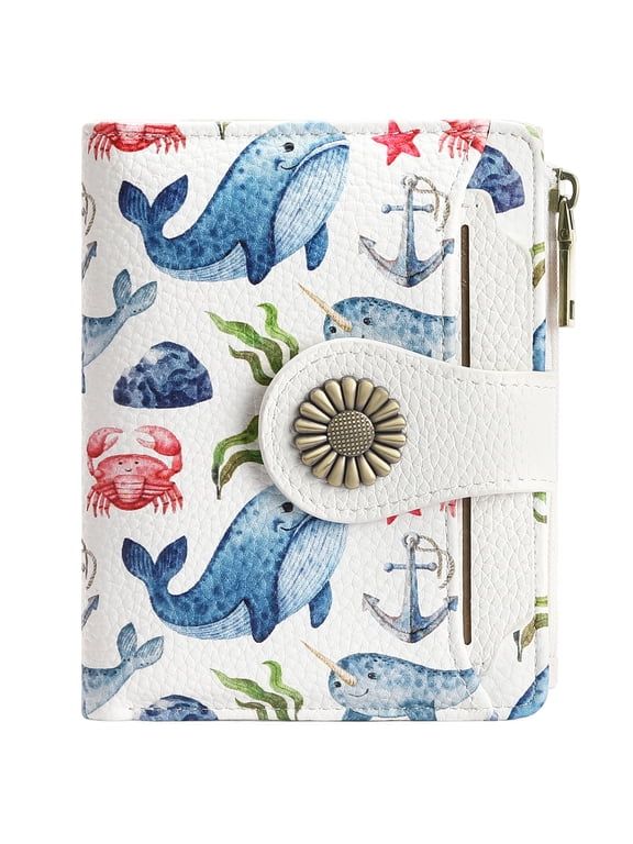 Whale Pattern Small Women Wallet Rfid Blocking Bifold PU Leather Compact Cash Ladies Cute Credit Card Holder Zipper Coin Pocket Travel Wallet Girls