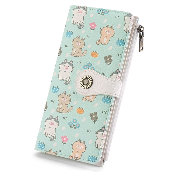KALUNMA Cat Pattern Women Large Long Wallet, RFID Blocking Ladies Purse with Zipper, Snap Button and Multiple Compartments