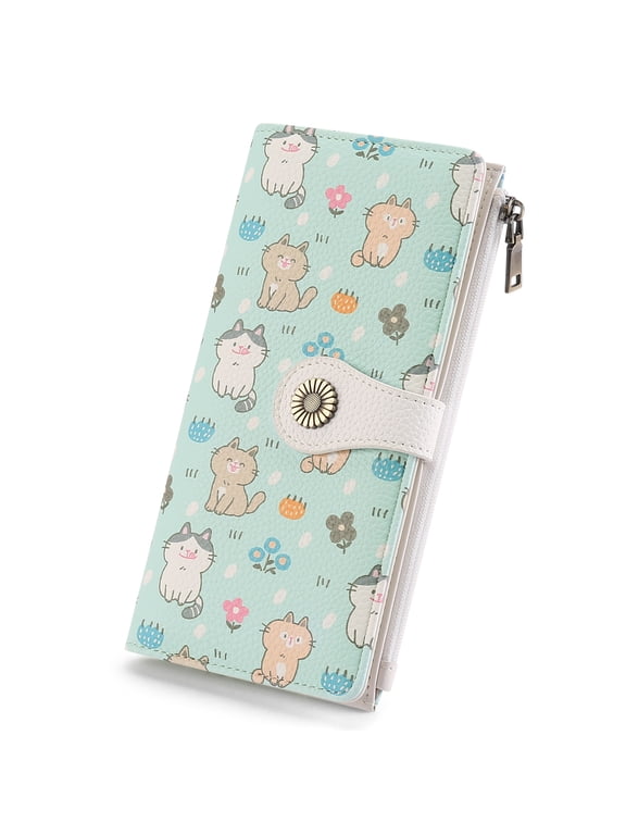 Cat Pattern Women Large Long Wallet, RFID Blocking Ladies Purse with Zipper, Snap Button and Multiple Compartments