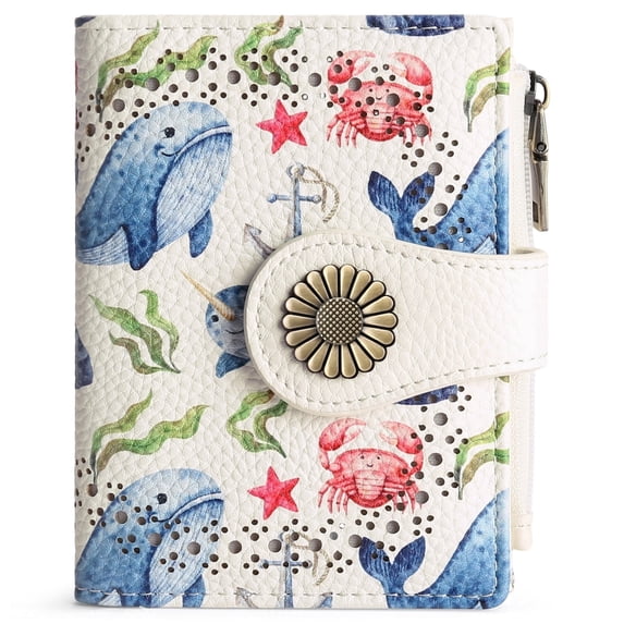 KALUNMA Whale Pattern Design Small Wallets for Women Bifold RFID Blocking Leather Card Holder Compact Wallet with Zipper Coin Pocket