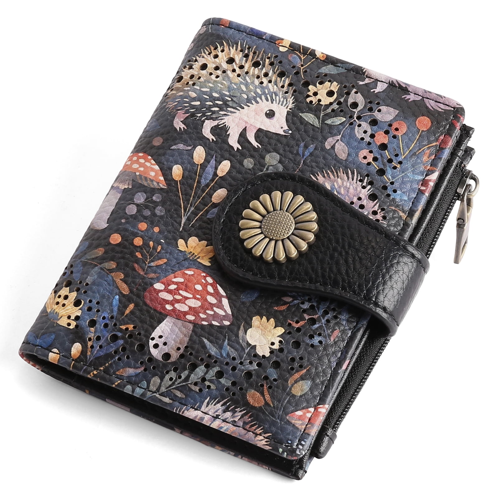 KALUNMA Hedgehog Pattern Design Small Wallets for Women Bifold RFID Blocking Leather Card Holder Compact Wallet with Zipper Coin Pocket