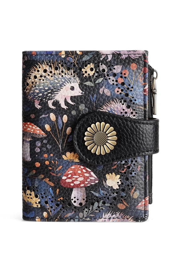 Hedgehog Pattern Design Small Wallets for Women Bifold RFID Blocking Leather Card Holder Compact Wallet with Zipper Coin Pocket