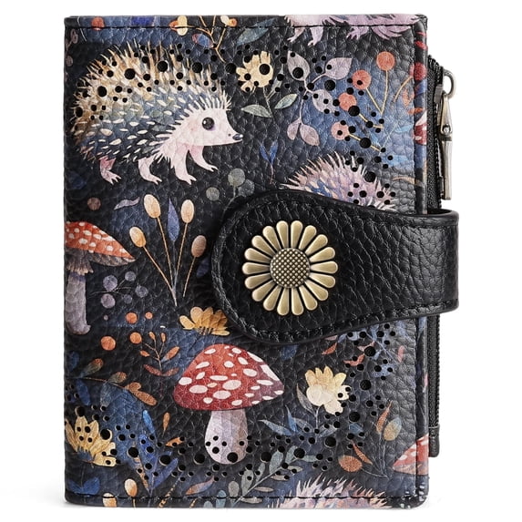 KALUNMA Hedgehog Pattern Design Small Wallets for Women Bifold RFID Blocking Leather Card Holder Compact Wallet with Zipper Coin Pocket