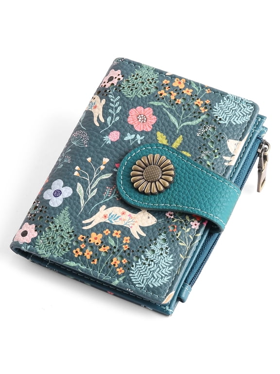 Rabbit Pattern Design Small Wallets for Women Bifold RFID Blocking Leather Card Holder Compact Wallet with Zipper Coin Pocket