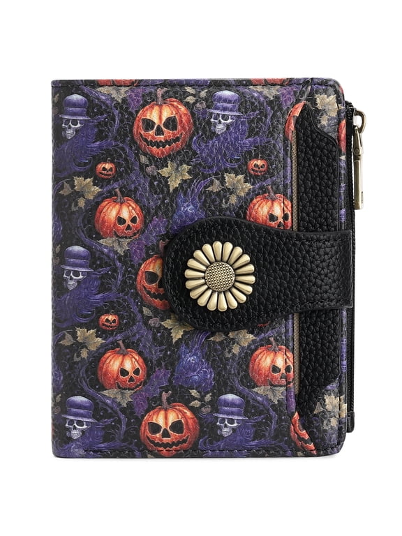Pumpkin Pattern Small Women Wallet Rfid Blocking Bifold PU Leather Compact Cash Ladies Cute Credit Card Holder Zipper Coin Pocket Travel Wallet Girls