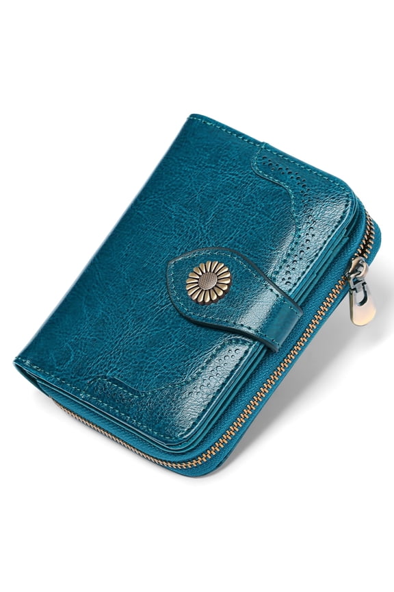 Small Womens Wallet Leather RFID Blocking with Multiple Card Slots and Zipper Coin Pocket