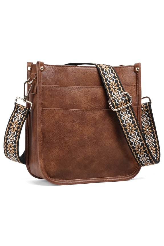 Women Crossbody Bags Trendy Vegan Leather Shoulder Handbags With Wide Bohemian Style Strap