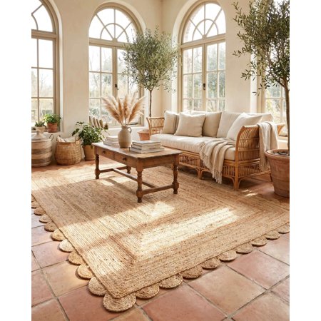 8x10 Scalloped Natural Jute Area Rug, Handwoven Braided Jute Rug for Living Room, Bedroom, Dining Room, Natural/Tan