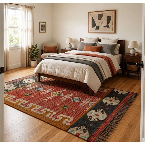 KALVEERA Handwoven Wool & Jute Kilim Area Rug, Southwestern Geometric Flatweave Boho Farmhouse Rug with Tassels, 9' x 12'