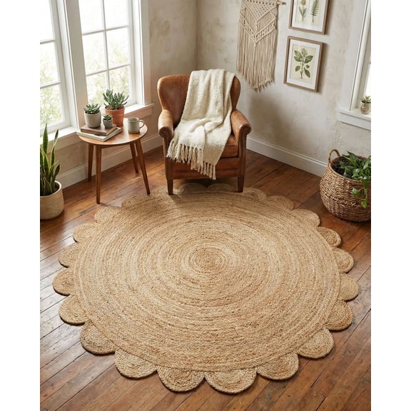 KALVEERA Round Scalloped Jute Rug, Handmade Braided Natural Area Rug, Reversible Farmhouse Carpet for Living Room, Bedroom, Dining Room, Entryway, Boho Home Decor, Natural, 9' x 9'