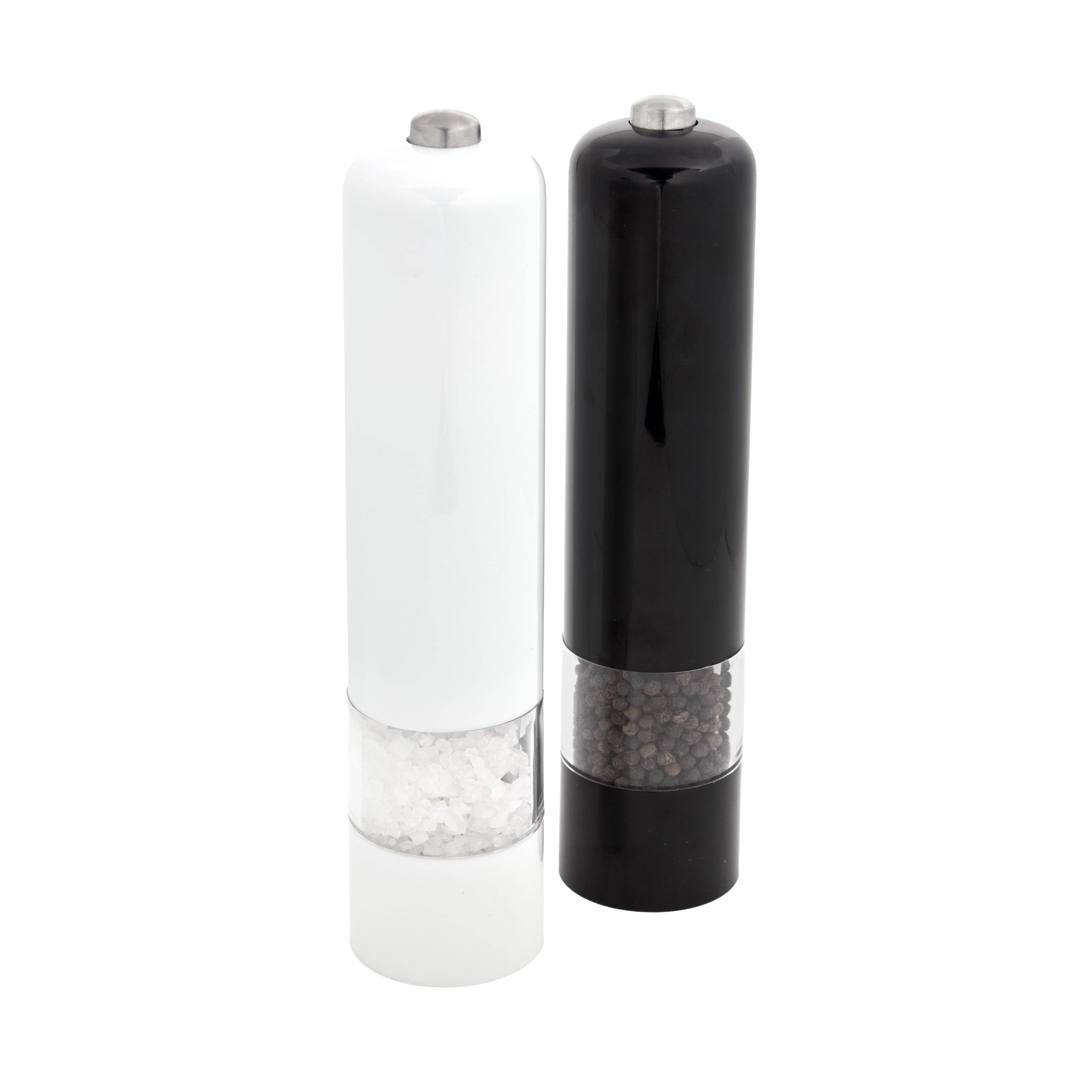 Kamenstein 8-Inch Battery Operated Grinder Set Black & White, Filled Salt & Pepper Mill Set