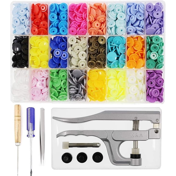 KAM Snaps Buttons with Pliers Starter Kit, 384 Sets, 24-Colors, Size 20 | Glossy Round, T5 KAM Snap Plastic Fasteners, Punch Poppers Closures, No-Sew Buttons, For Crafts Cloth