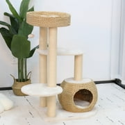 KAMABOKO 39" Hand-Woven Cat Tree with Condo & Top Perch, 4 Level Cat Tree, Beige