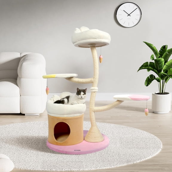 KAMABOKO 52.4" Flower Cat Tree, Cute Cat Tree House for Indoor Cats, Cloud Cats Tree Tower with Cat Condo, Sisal Scratching Posts, Hanging Toys for Playing