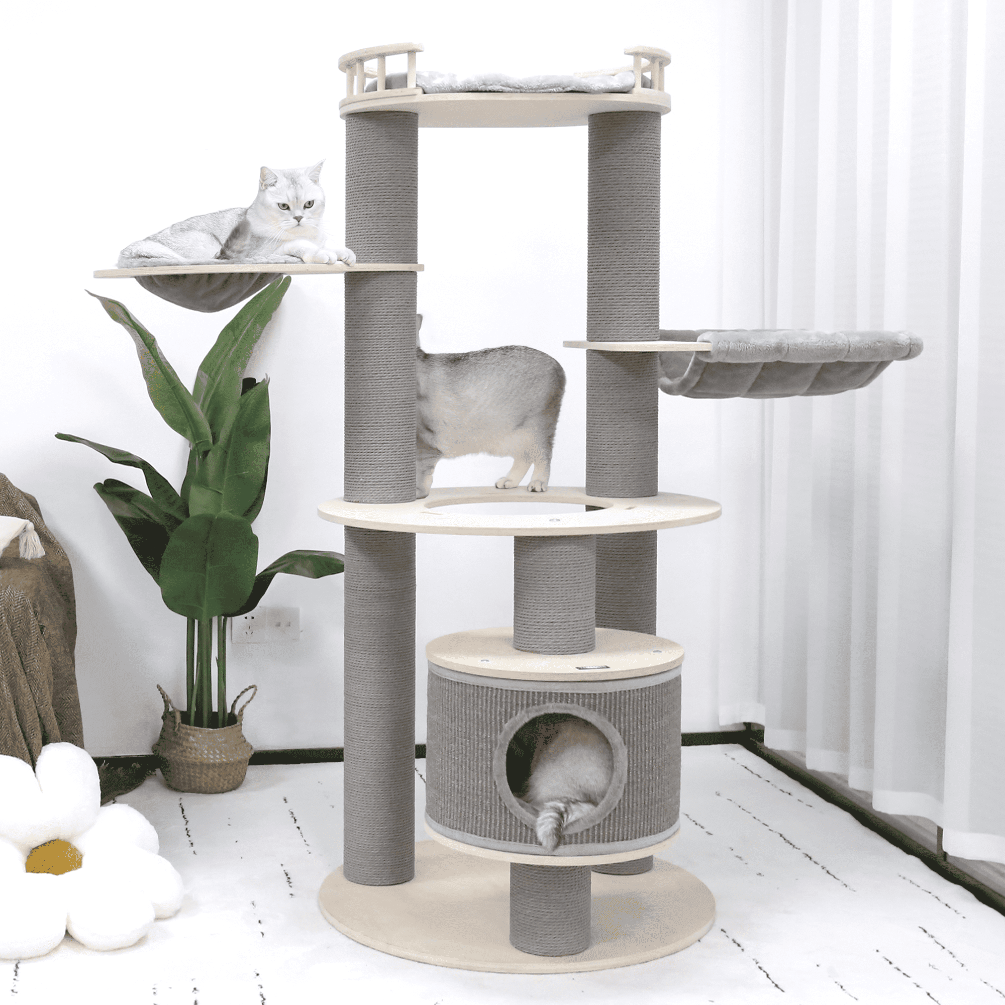 Bifanuo 66 Tall Extra Large Cat Tree 5 Levels Wood Cat Tower w Cat Condo Hammocks Hanging Basket