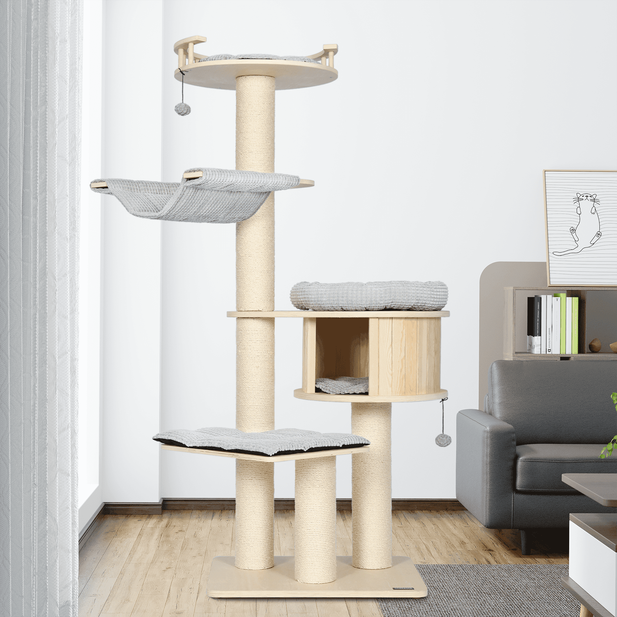 KAMABOKO 68" Large Tall Cat Tree Tower MultiLevel Platforms Sisal