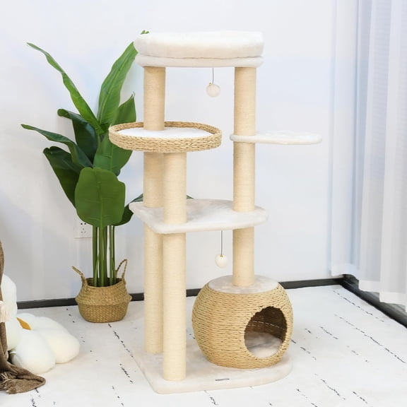 KAMABOKO Modern Cat Tree, 53" Tall Cat Trees for Indoor Cats w/Natural Sisal Scratching Posts, Hand-Woven Condo & Top Perch, Cat Tree for Kittens Climb Play & Rest