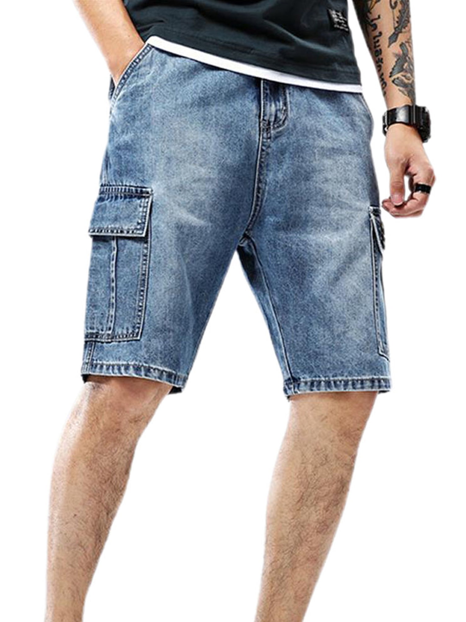 KAMAMEN Men's Denim Shorts Jeans Hot Pants Summer Multi-pockets Short  Trousers Blue 34 - Walmart.com