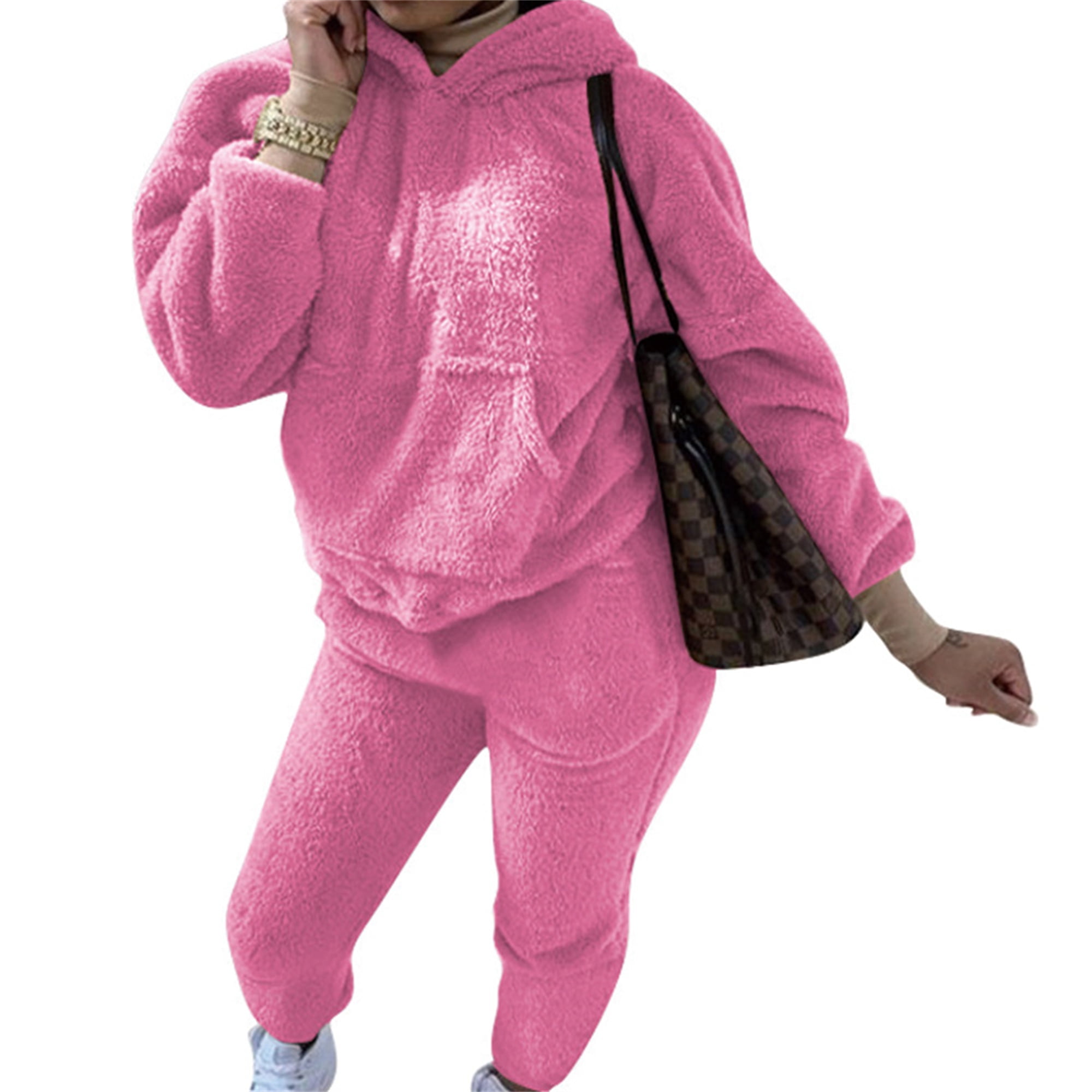 KAMAWO 2 Piece Women Tracksuit Sets Fleece Fluffy Hooded Sweatshirt Pockets Pants Winter Soft Warm Plush Hoodie Jumper Pants Sportwear Grey S Walmart