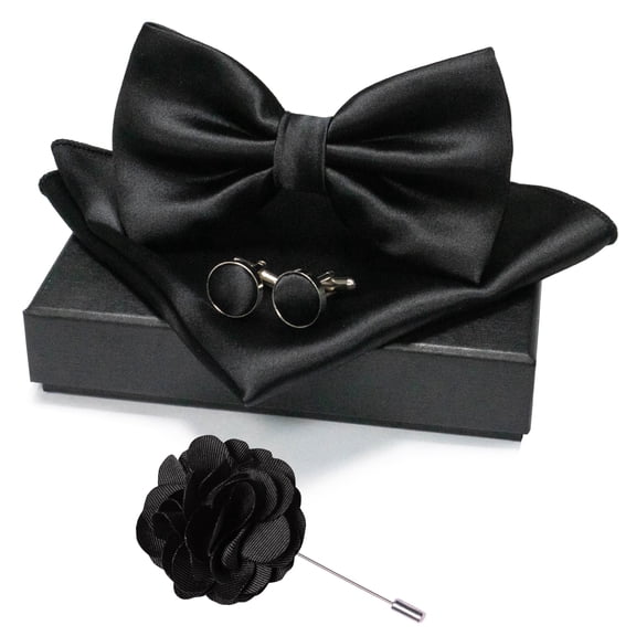 KAMBERFT Men’s Black Pre-tied Bow Tie Set, 4PCS Gift Set with Pocket Square, Cufflinks & Lapel Pin