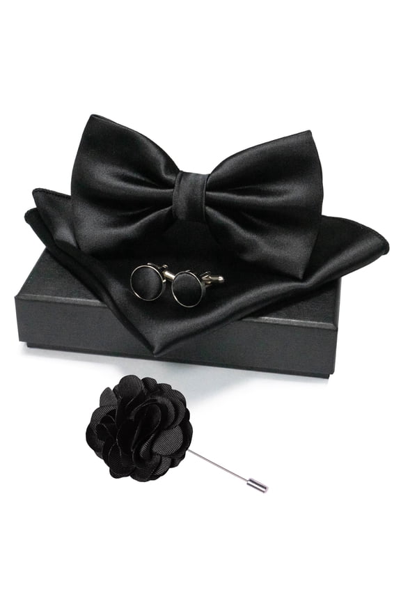 Men’s Black Pre-tied Bow Tie Set, 4PCS Gift Set with Pocket Square, Cufflinks & Lapel Pin