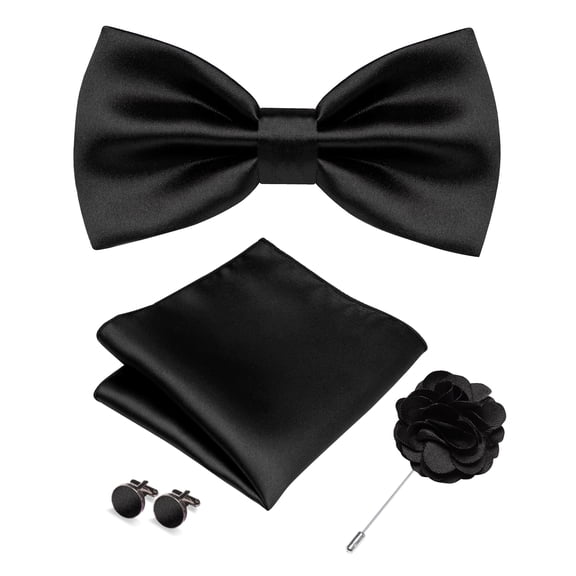 KAMBERFT Men’s Black Pre-tied Bow Tie Set, 4PCS Gift Set with Pocket Square, Cufflinks & Lapel Pin