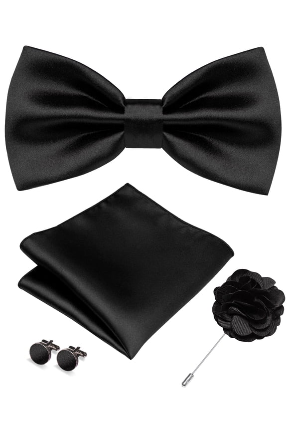 Men’s Black Pre-tied Bow Tie Set, 4PCS Gift Set with Pocket Square, Cufflinks & Lapel Pin