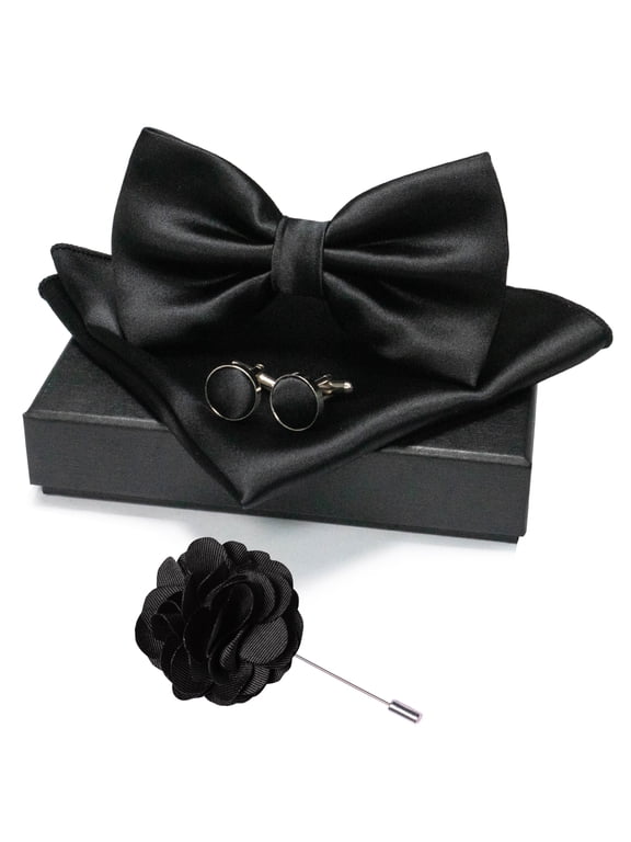 Men’s Black Pre-tied Bow Tie Set, 4PCS Gift Set with Pocket Square, Cufflinks & Lapel Pin