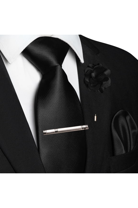 Black Tie Set for Men, 4PCS Gift Set with Pocket Square, Tie Clip & Lapel Pin