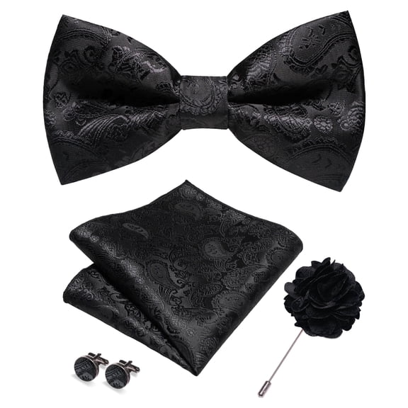 KAMBERFT Men's Black Paisley Pre-Tied Bow Tie 4-Piece Gift Set with Pocket Square, Cufflinks & Lapel Pin