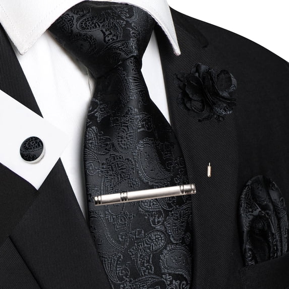 KAMBERFT Men's Black Paisley Tie Set, Necktie with Pocket Square, Cufflinks, Tie Clip & Lapel Pin