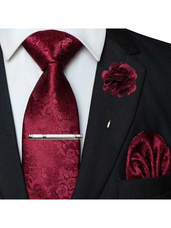 Floral Tie for Men, 4PCS Necktie Set with Pocket Square, Tie Clip & Lapel Pin