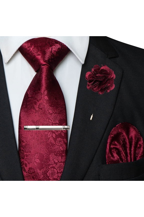 Burgundy Floral Tie Set for Men, 4-Piece Jacquard Necktie with Pocket Square, Tie Clip and Lapel Pin