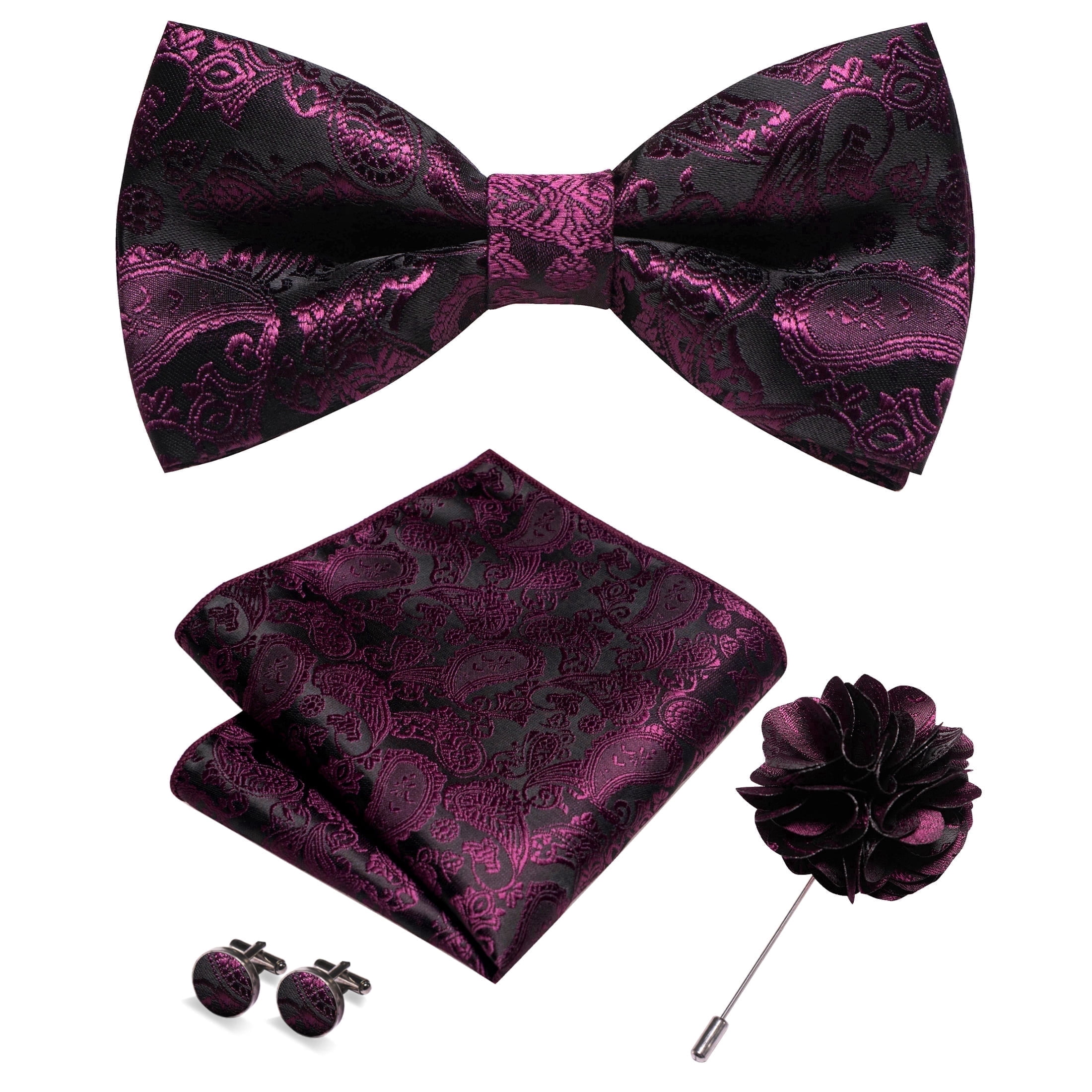Square Raja Pin KAMBERFT Men's Burgundy Paisley Pre-Tied Bow Tie 4-Piece Gift Set with ...